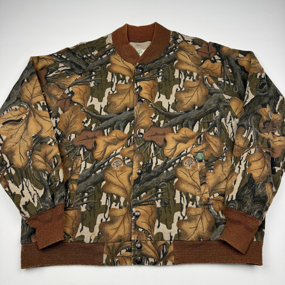 Vintage Mossy Oak Jacket Mens Large Brown Camo Fleece Snap Front USA Hunting